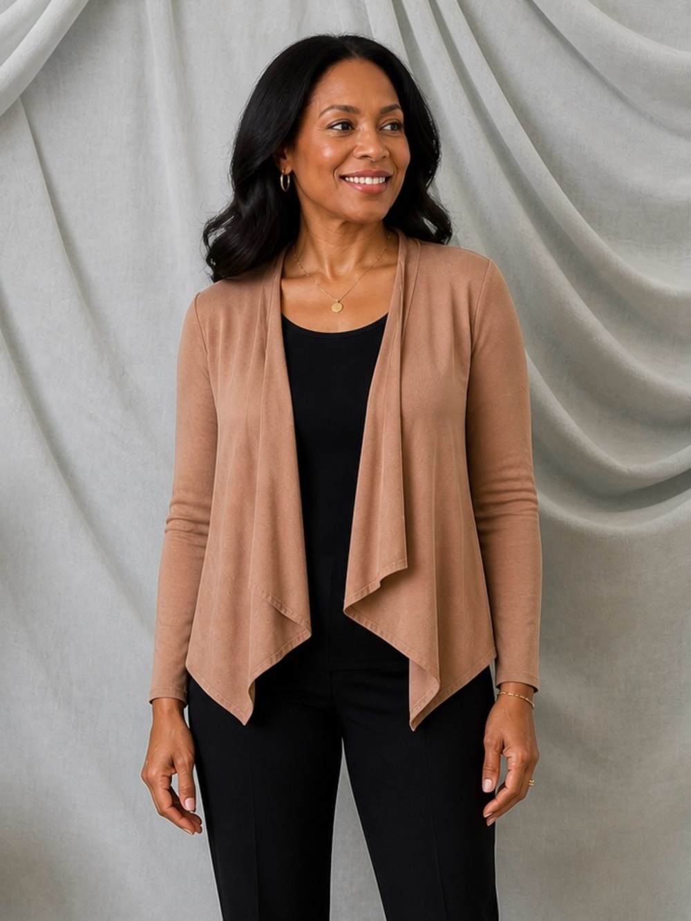 JM Fleurette Open Front Draped Cardigan Sweater - Tan